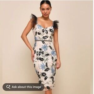 Lulus Floral Embroidered Sequin Midi Dress Black Tulle Ruffle Straps XS NWOT
